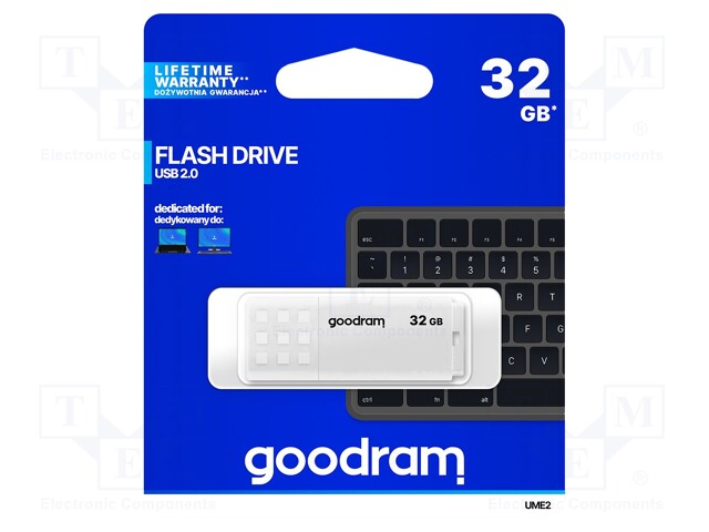 Pendrive; USB 2.0; 32GB; Read: 20MB/s; Write: 5MB/s; Colour: white