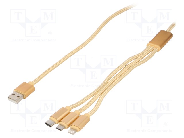 Cable; USB 2.0; 1m; golden; Outside insul.material: textile braid