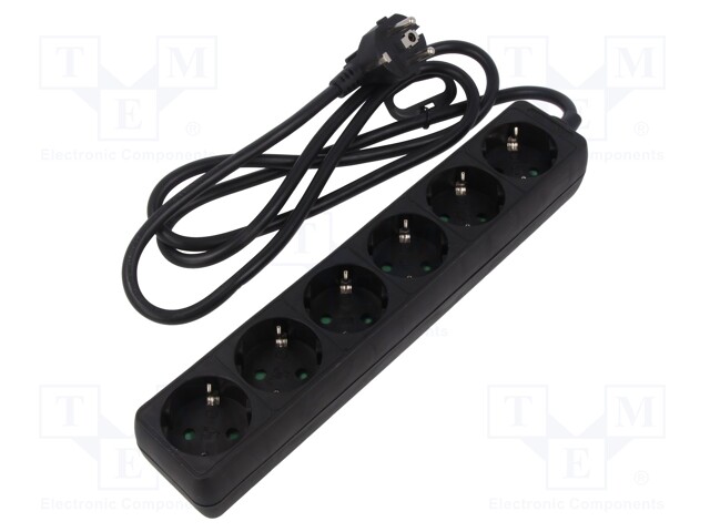 Plug socket strip: supply; Sockets: 6; 250VAC; 16A; black; 1.5m