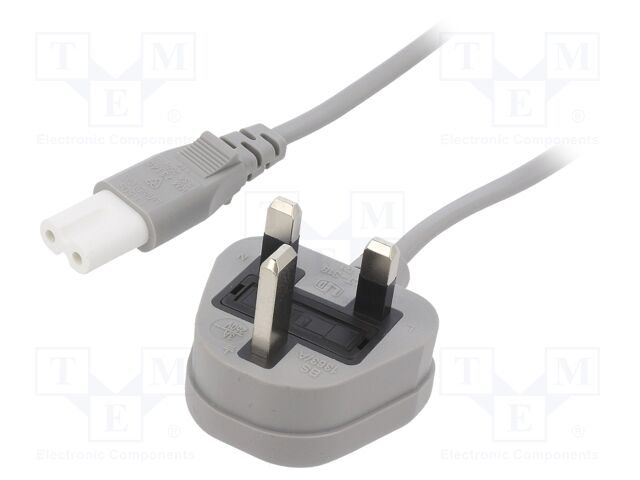Cable; 2x0.75mm2; BS 1363 (G) plug,IEC C7 female; PVC; 1.8m; grey