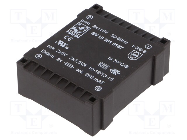 Transformer: encapsulated; 3VA; 115/115VAC; 6V; 6V; 250mA; 250mA