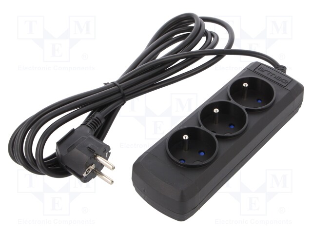 Plug socket strip: supply; Sockets: 3; 250VAC; 10A; Colour: black