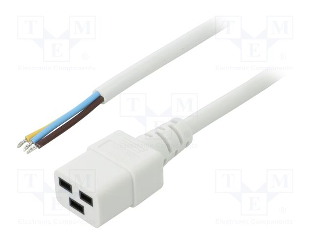 Cable; 3x1.5mm2; IEC C19 female,wires; PVC; Len: 5m; white