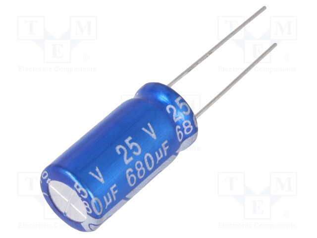Capacitor: electrolytic; THT; 680uF; 25VDC; Ø10x20mm; Pitch: 5mm