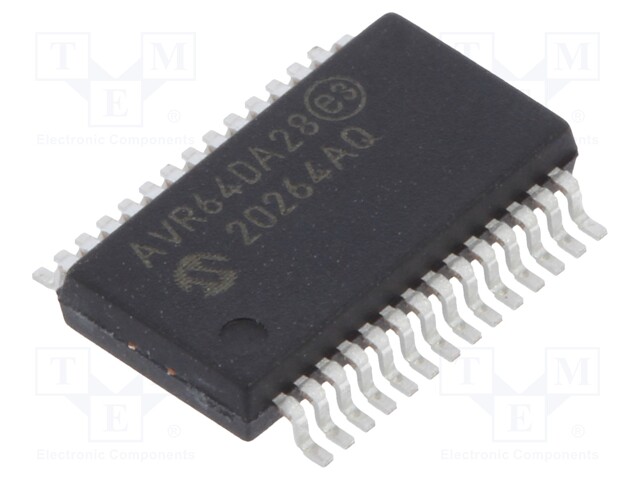 AVR microcontroller; EEPROM: 512B; SRAM: 8kB; Flash: 64kB; SSOP28