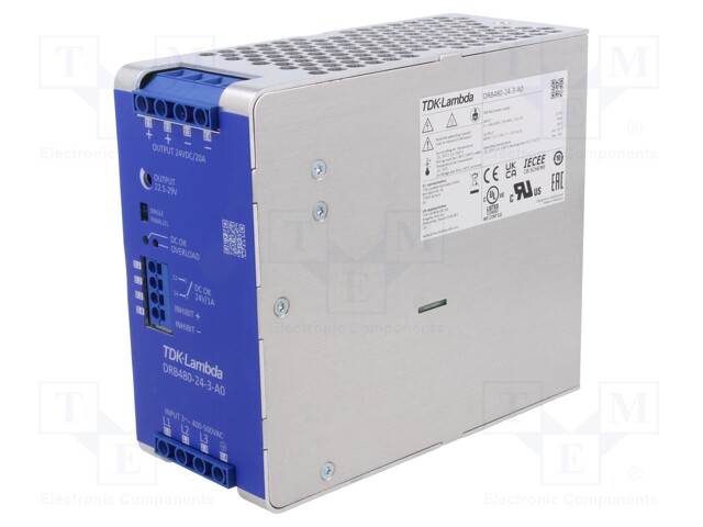 Power supply: switched-mode; for DIN rail; 480W; 24VDC; 20A; DRB