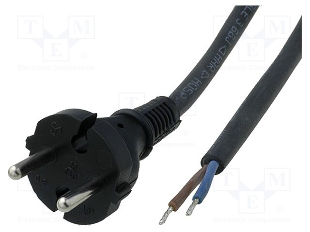 Cable; CEE 7/17 (C) plug,wires; 2m; black; rubber; 2x0,75mm2; 10A