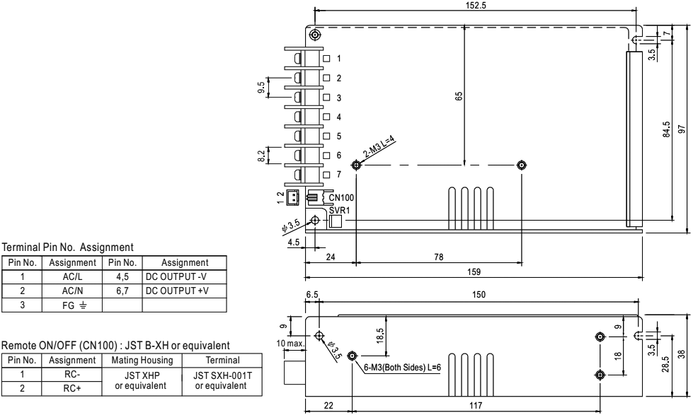 Power supply: switched-mode; modular; 101.3W; 7.5VDC; 159x97x38mm