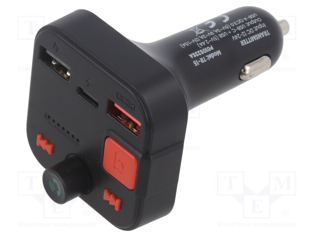 FM transmitter; USB A socket x2,USB C socket; black; Uin: 12÷24V