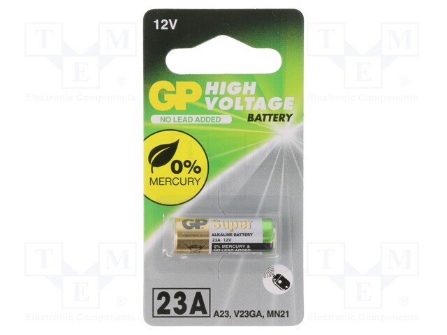 Battery: alkaline; 12V; 23A,8LR932; non-rechargeable