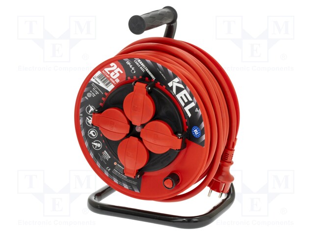 Extension lead; reel; Sockets: 4; rubber; red; 3x2,5mm2; 25m; 16A