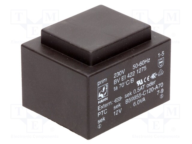 Transformer: encapsulated; 6VA; 230VAC; 12V; 500mA; Mounting: PCB