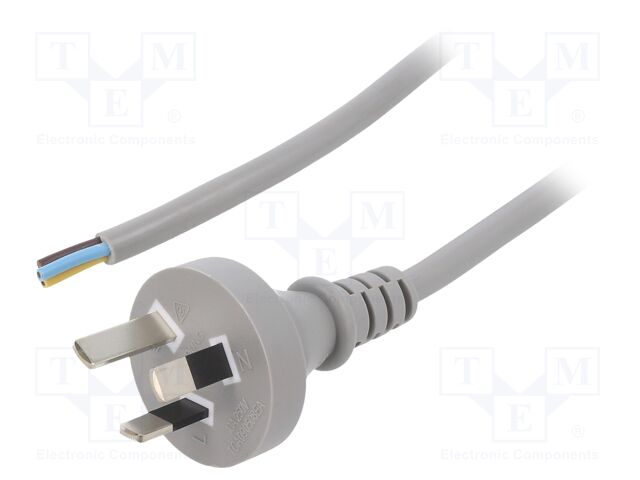 Cable; 3x1mm2; AS/NZS 3112 (I) plug,wires; PVC; 3m; grey; 10A; 250V