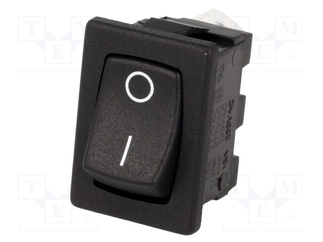 ROCKER; SPST; Pos: 2; OFF-ON; 10A/250VAC; 10A/28VDC; black; none