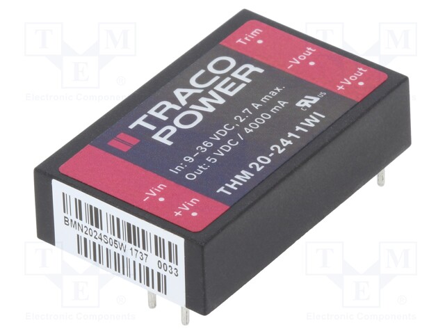 Converter: DC/DC; 20W; Uin: 9÷36V; 5VDC; Iout: 4000mA; 1,6"x1"; 24g