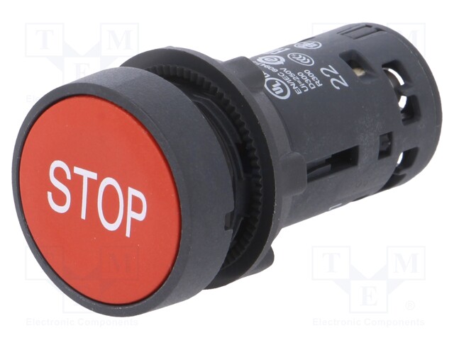 Switch: push-button; Stabl.pos: 1; NC + NO; 0.3A/240VAC; 22mm; red