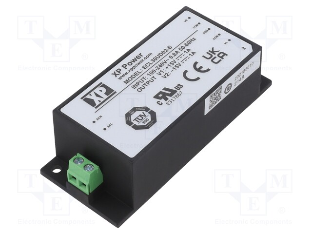 AC/DC Enclosed Power Supply (PSU), ITE, 2 Outputs, 30 W, 15 V, 1 A, -15 V