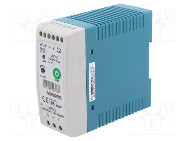 Power supply: switched-mode; 60W; 24VDC; for DIN rail mounting