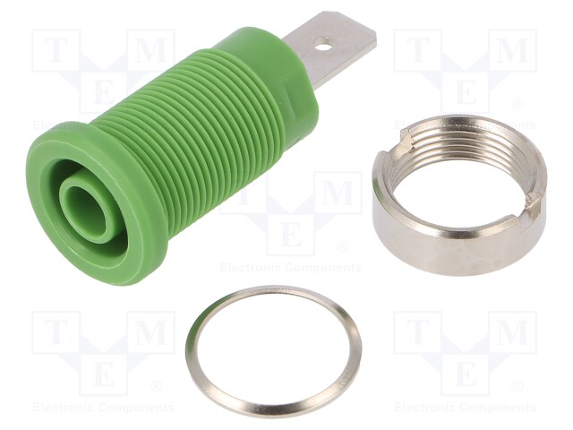 Socket; 4mm banana; 32A; 1kVDC; green; nickel plated; on panel