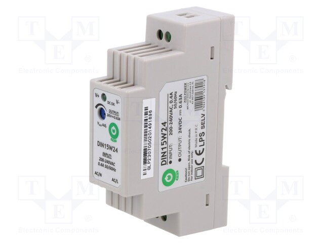 Power supply: switched-mode; 15W; 24VDC; for DIN rail mounting