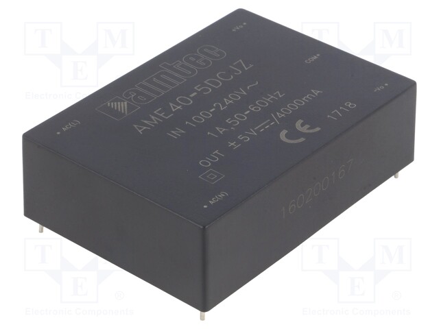 Converter: AC/DC; 40W; Uout: 5VDC; Iout: 4A; 82%; Mounting: PCB; 3kV