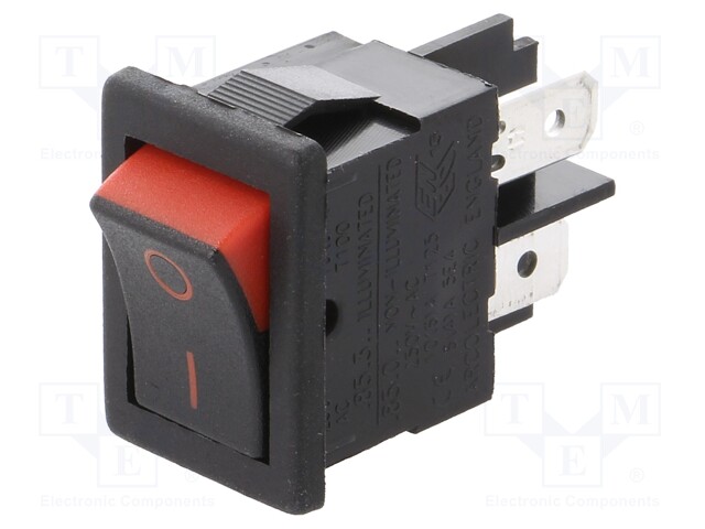ROCKER; SPST; Pos: 2; OFF-ON; 10A/250VAC; 10A/28VDC; black-red; none