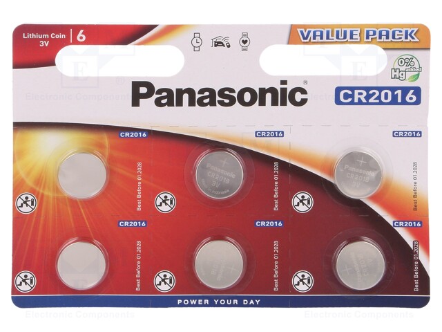 Battery: lithium; 3V; CR2016,coin; Batt.no: 6; Ø20x1.6mm