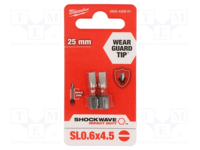 Screwdriver bit; slot; 4,5x0,6mm; Overall len: 25mm; 2pcs.