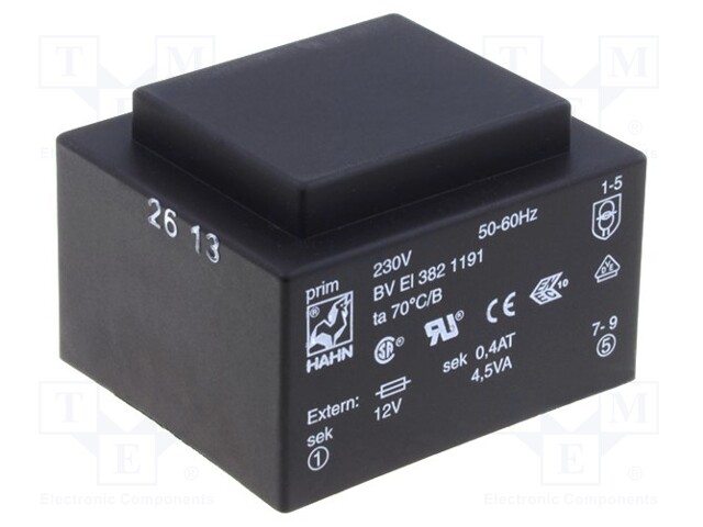 Transformer: encapsulated; 4.5VA; 230VAC; 12V; 375mA; Mounting: PCB