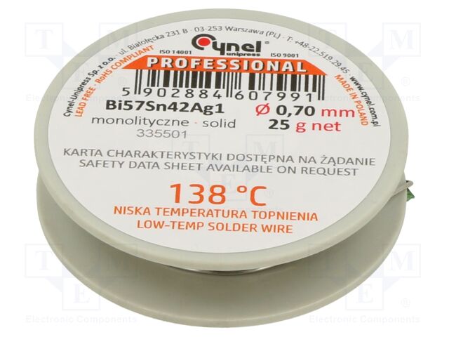 Solid,soldering wire; Bi57Sn42Ag1; 0.7mm; 25g; lead free; reel