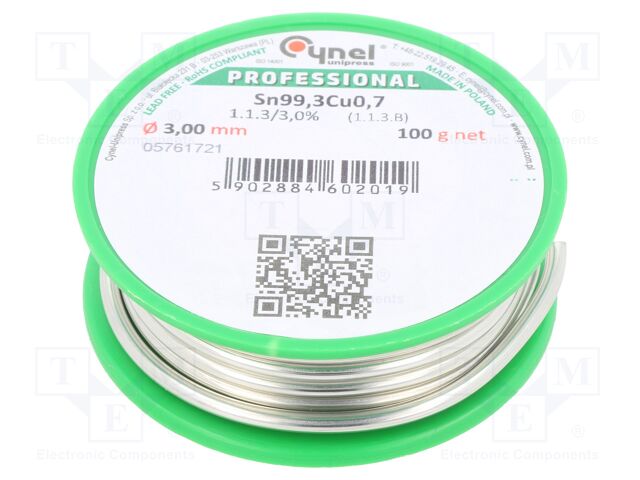 Soldering wire; Sn99,3Cu0,7; 3mm; 100g; lead free; Package: reel