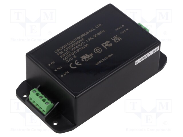 Power supply: switched-mode; 50W; 5VDC; 8A; 55.2x106.6x30.5mm