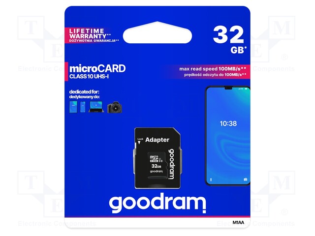 Memory card; SD HC Micro; 32GB; Read: 100MB/s; Write: 10MB/s; UHS I