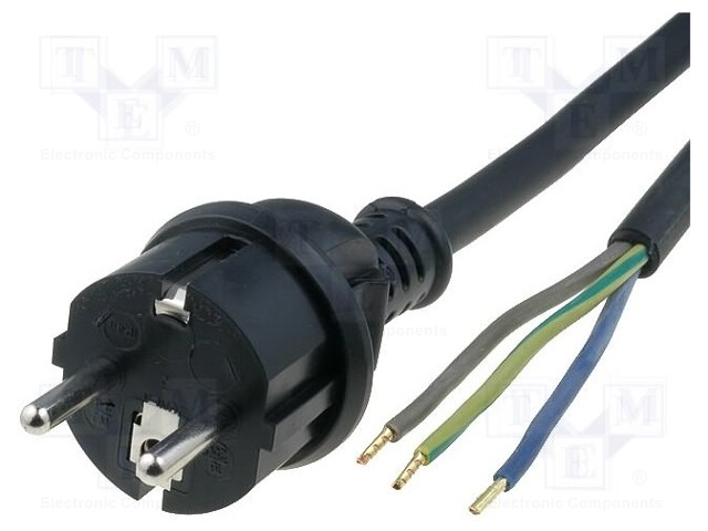 Cable; CEE 7/7 (E/F) plug,wires; Len: 1.5m; black; rubber; 16A