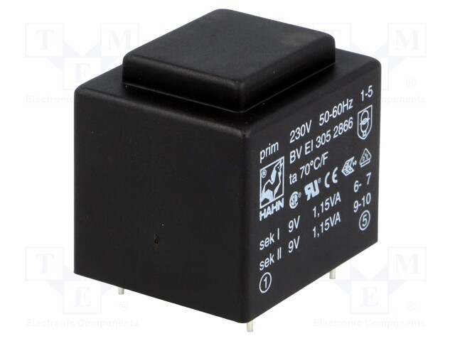 Transformer: encapsulated; 2.3VA; 230VAC; 9V; 9V; 127mA; 127mA; 111g