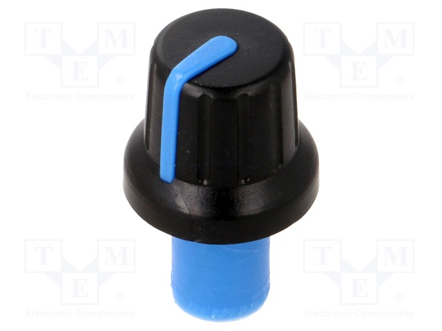 Knob; with pointer; ABS; Shaft d: 6mm; Ø16x14.4mm; black; push-in