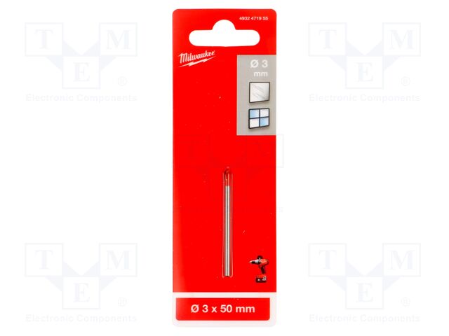Drill bit; Ø: 3mm; L: 50mm; ceramics,glass; Drill Bit: for glass