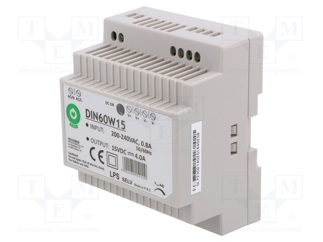 Power supply: switched-mode; 60W; 15VDC; for DIN rail mounting