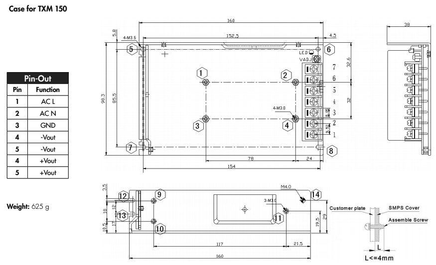 Power supply: switched-mode; modular; 150W; 15VDC; 160x98.3x38mm