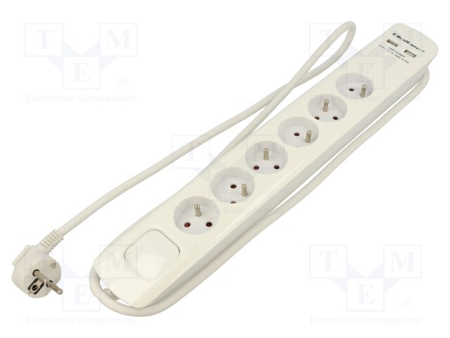Plug socket strip: protective; Sockets: 6; 230VAC; 16A; white
