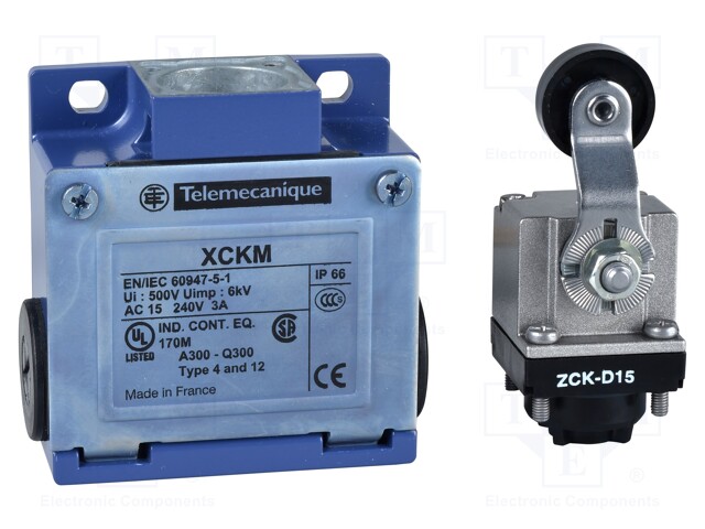 Limit Switch, Roller Lever, SPST-NO, SPST-NC, 3 A, 240 V, 0.1 N-m, OsiSense XC Series