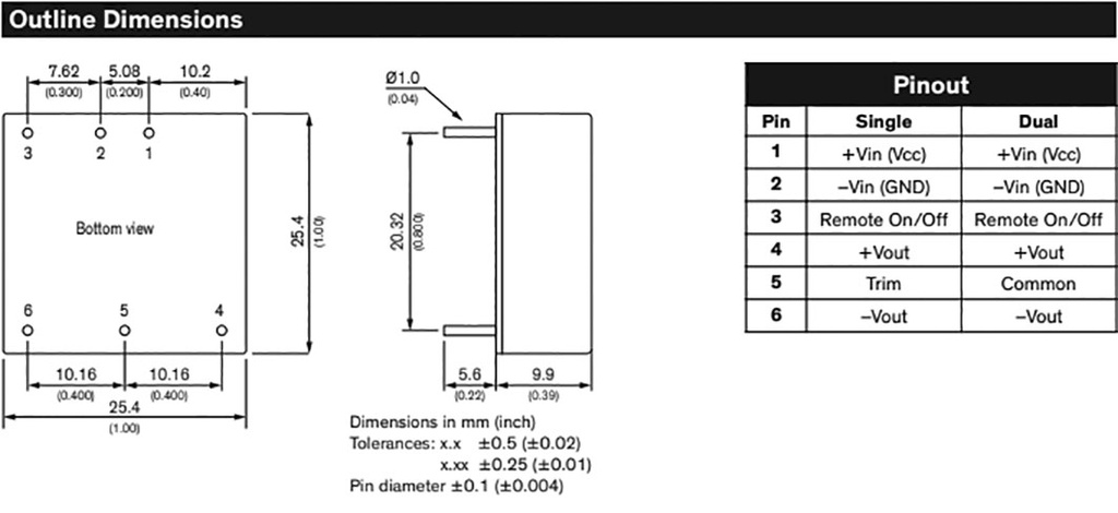 Converter: DC/DC; 20W; Uin: 9÷36V; Uout: 12VDC; Uout2: -12VDC; 1"x1"
