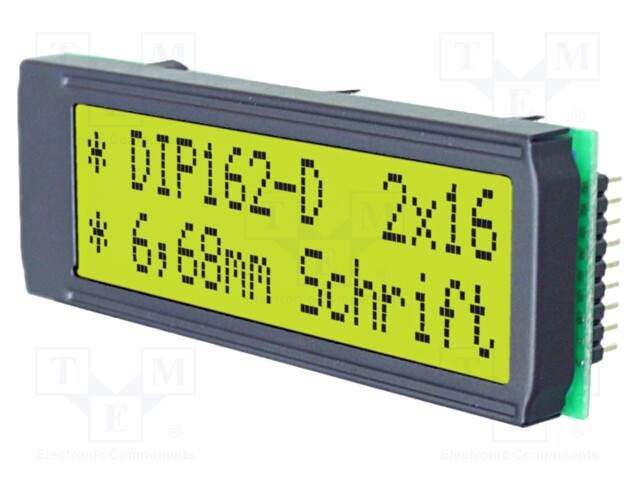 Display: LCD; alphanumeric; STN Positive; 16x2; 68x26.8mm; LED