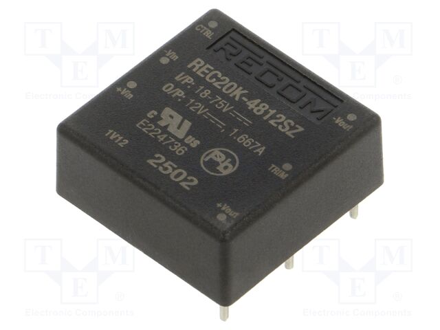 Converter: DC/DC; 20W; Uin: 18÷75V; Uout: 12VDC; Iout: 1667mA; 1"x1"