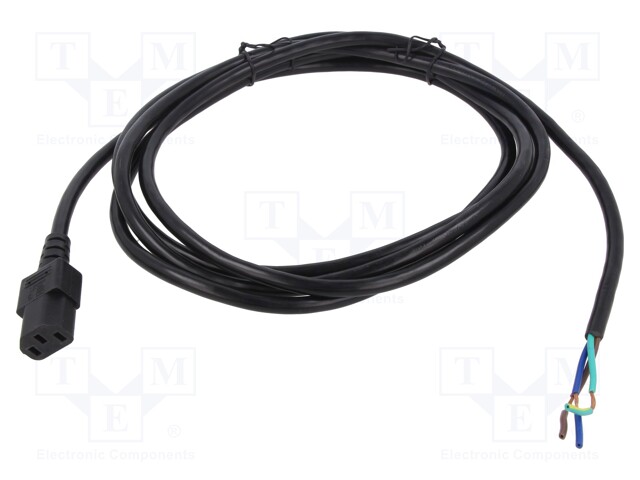 Cable; IEC C13 female,wires; PVC; 3m; black; 3x18AWG; 10A; 125V
