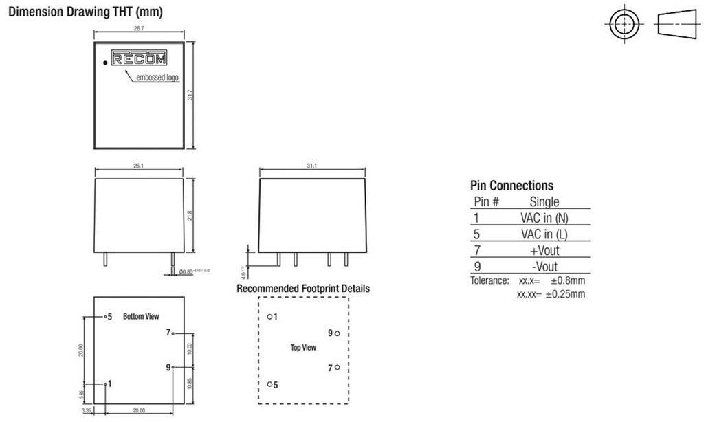 Converter: AC/DC; 5W; Uout: 3.3VDC; Iout: 1.51A; 77%; Mounting: PCB