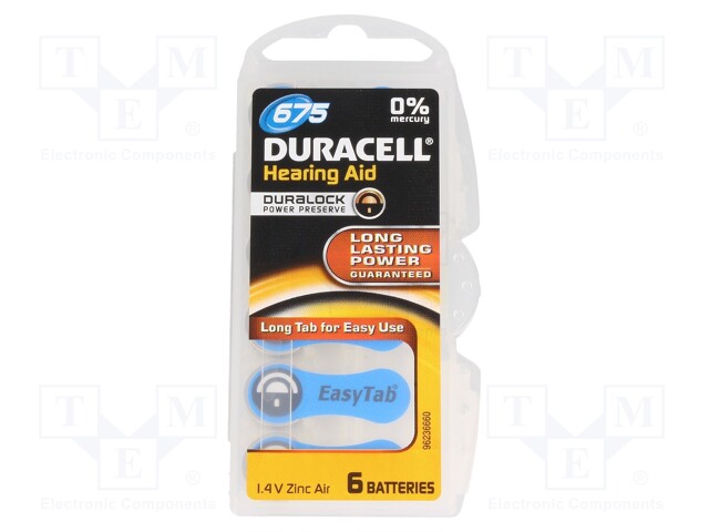 Battery: zinc air (ZnO2); 1.4V; AC675,R1154,coin; Batt.no: 6