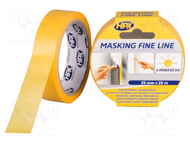 Tape: masking; W: 25mm; L: 25m; Thk: 0.09mm; orange; 30N/cm; acrylic