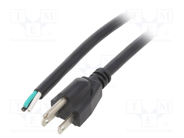 Cable; NEMA 5-15 (B) plug,wires; PVC; 1m; black; 3x16AWG; 13A; 125V