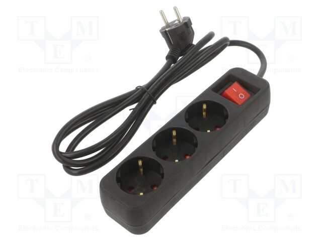 Extension lead; 3x1mm2; Schuko; Sockets: 3; rubber; black; 1.5m; 10A